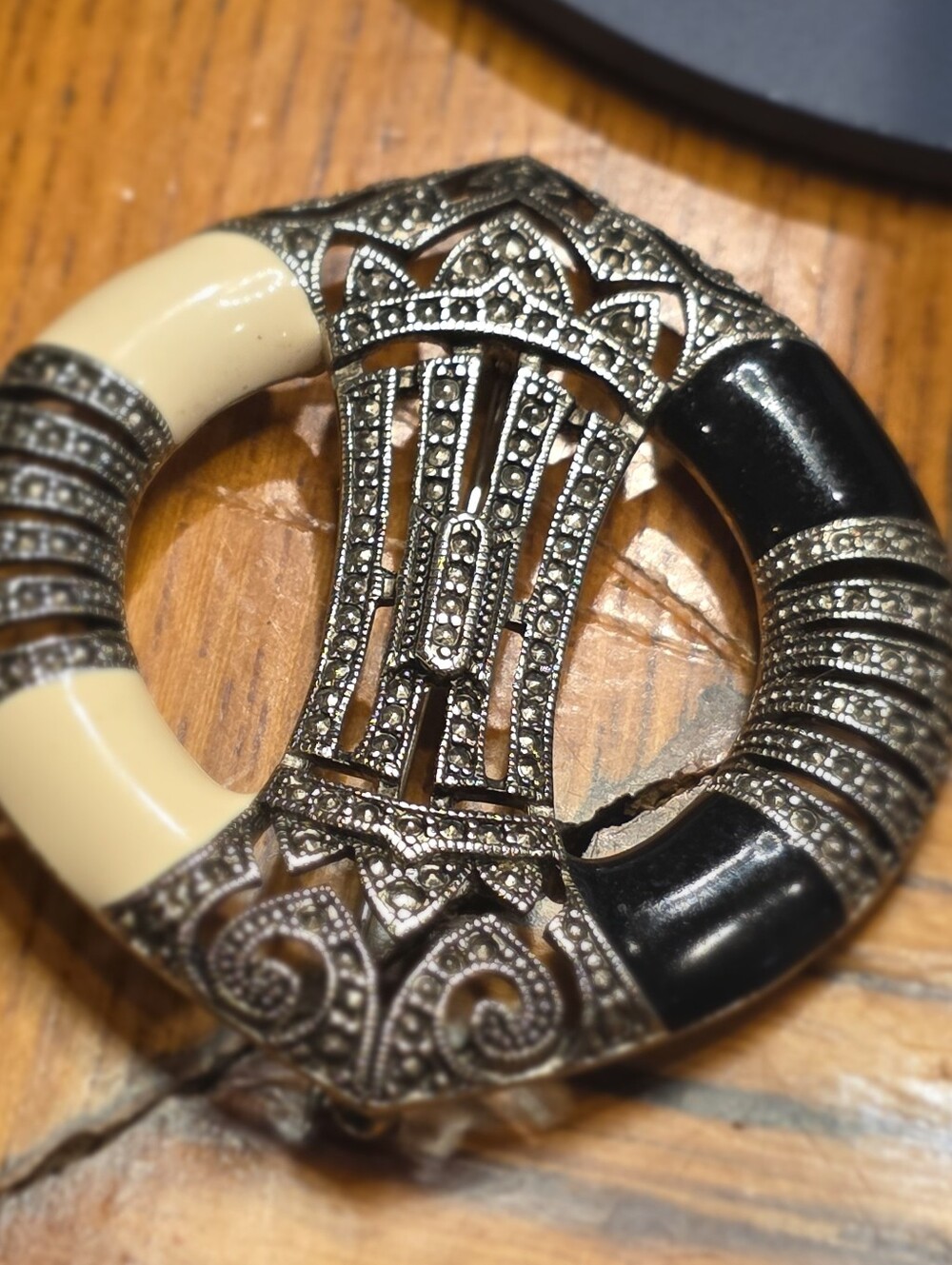 Judith Jack Cream and Black Marcasite Statement Brooch